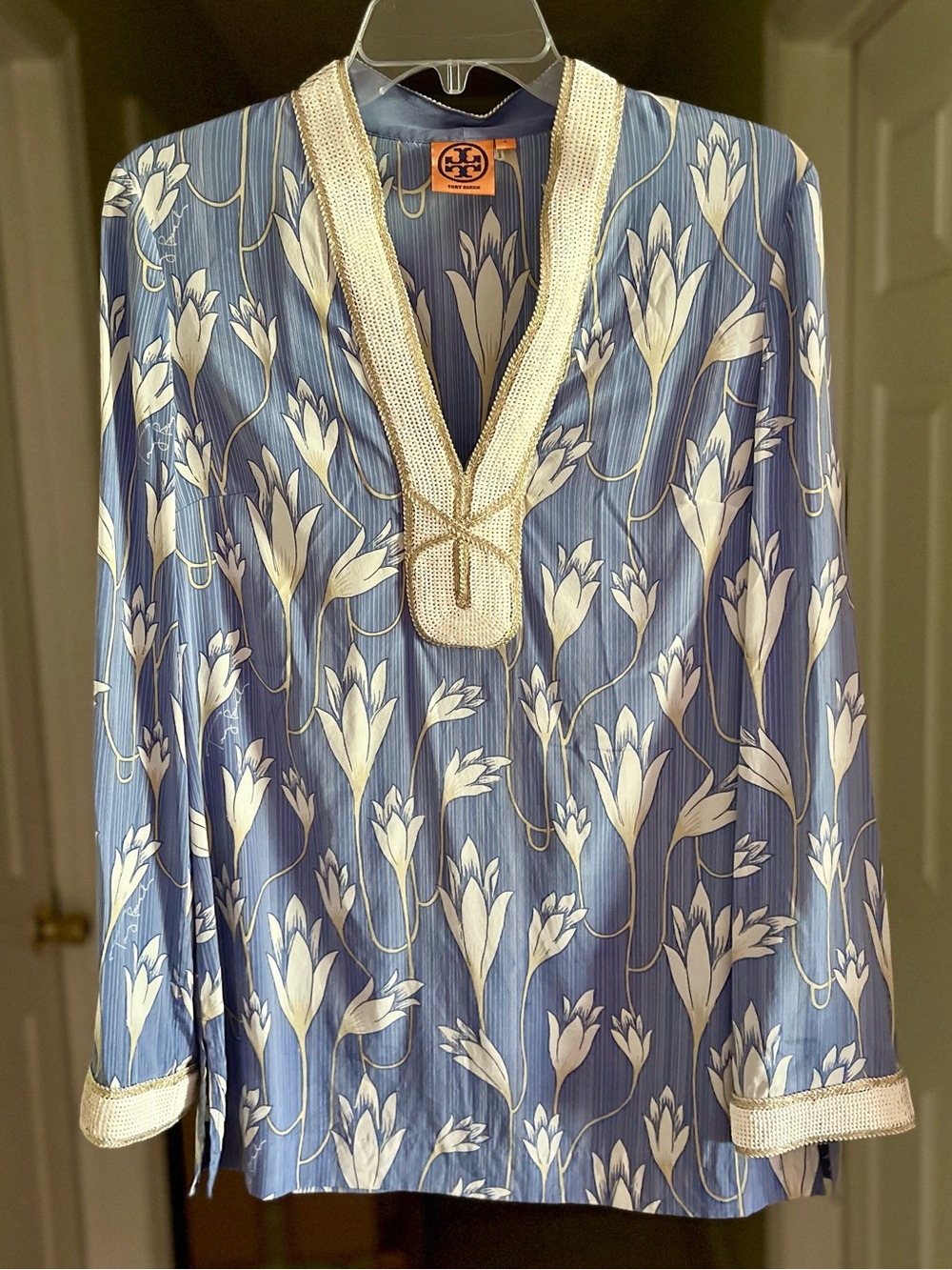 Tory Burch Sequin Embellished Floral Silk Tunic size 4